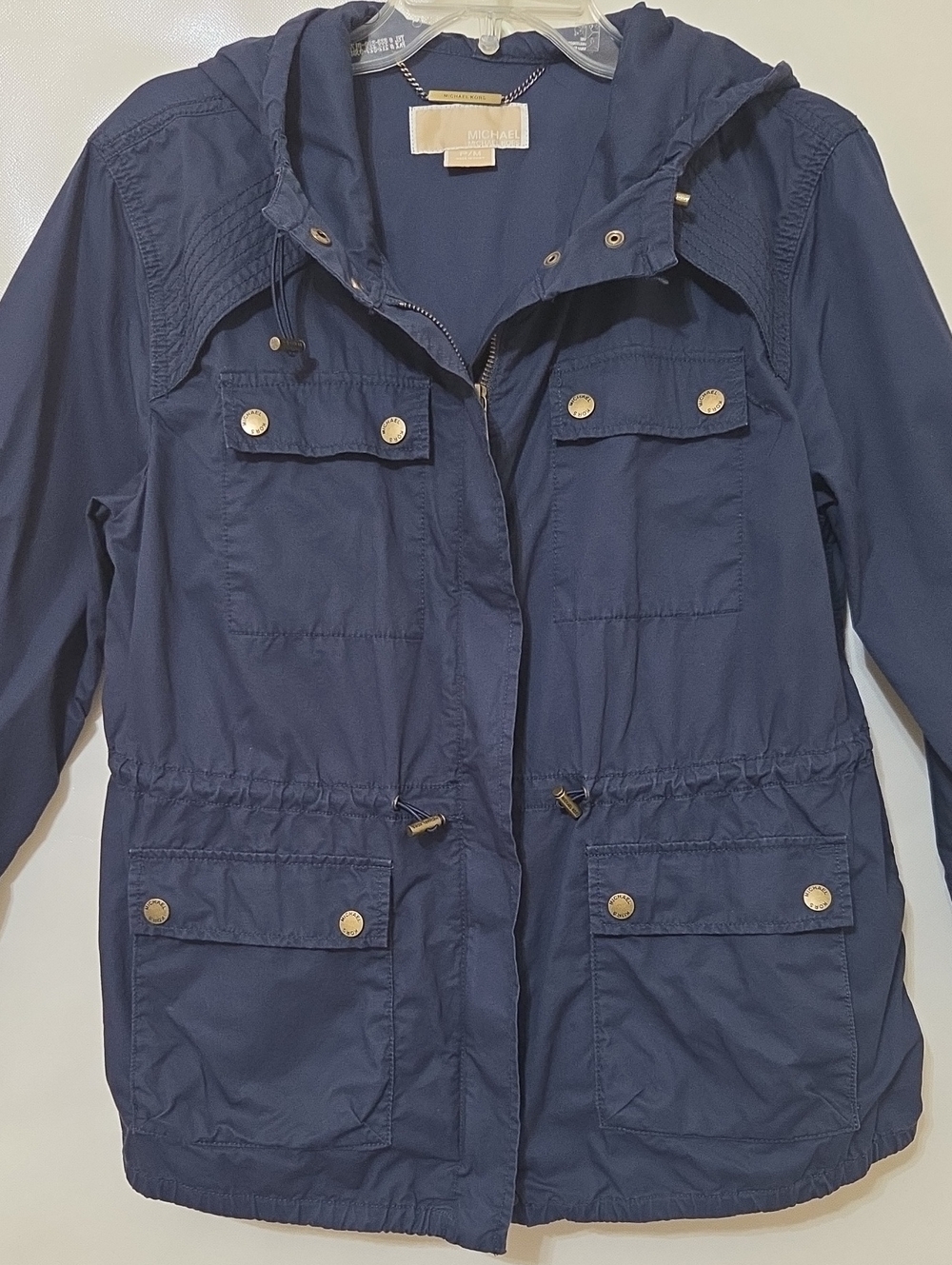 Michael Kors Women's Navy Utility Hooded Jacket with Drawstring Waist - Size PM